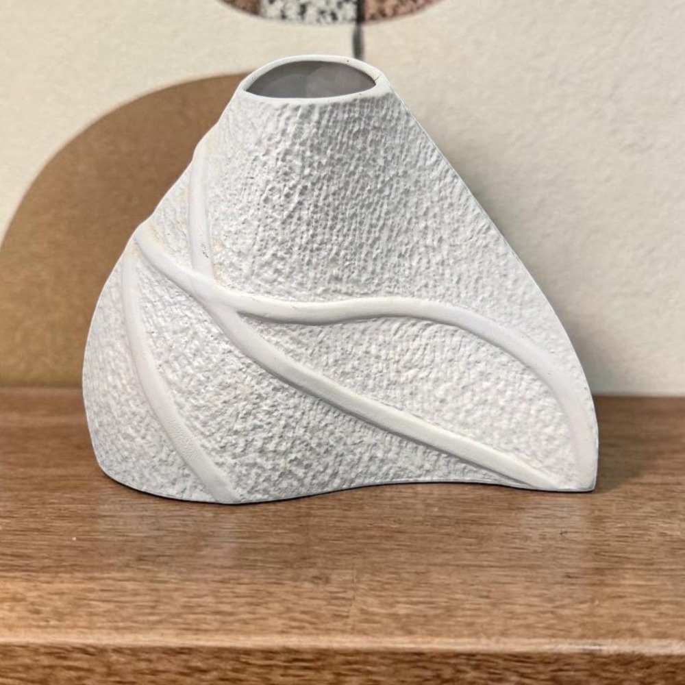 Organic Textured White Vase, Wavy Triangle Minimalism Sculpture, Vintage Ceramic